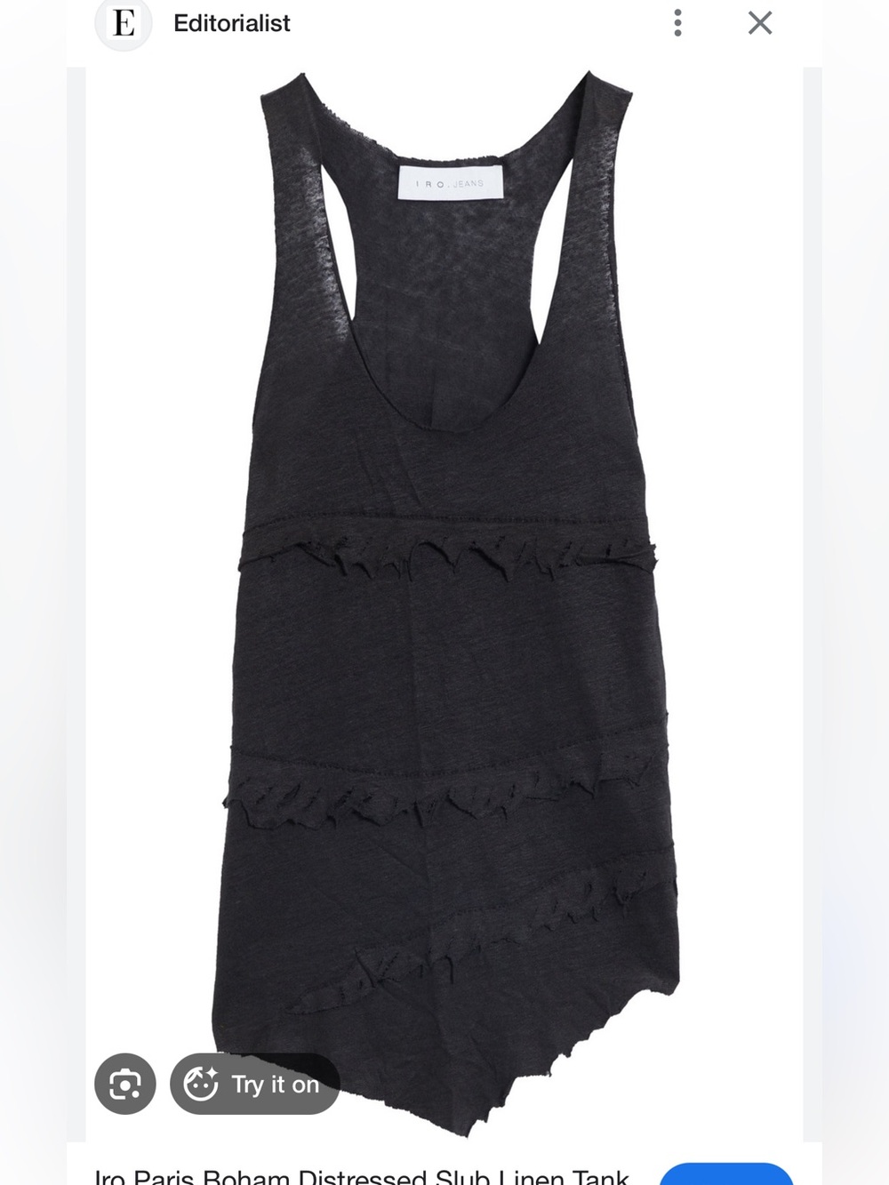 NWT IRO Black Bohan Distressed Slub Linen Racerback Tank